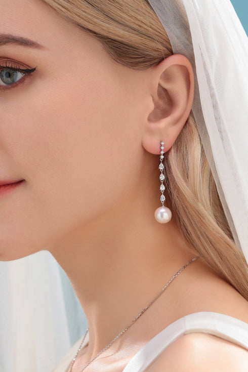 10-11mm Freshwater Pearl & Sparkling Long Freshwater Pearl Earrings - House Of Pearls